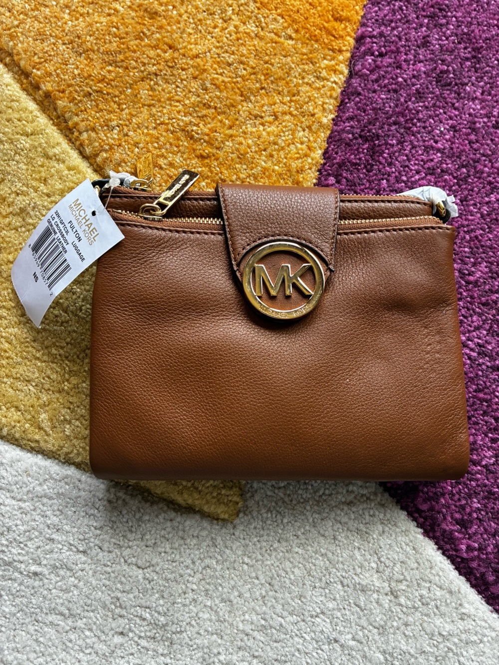 Michael Kors Tan Brown Leather crossbody with Gold MK Emblem